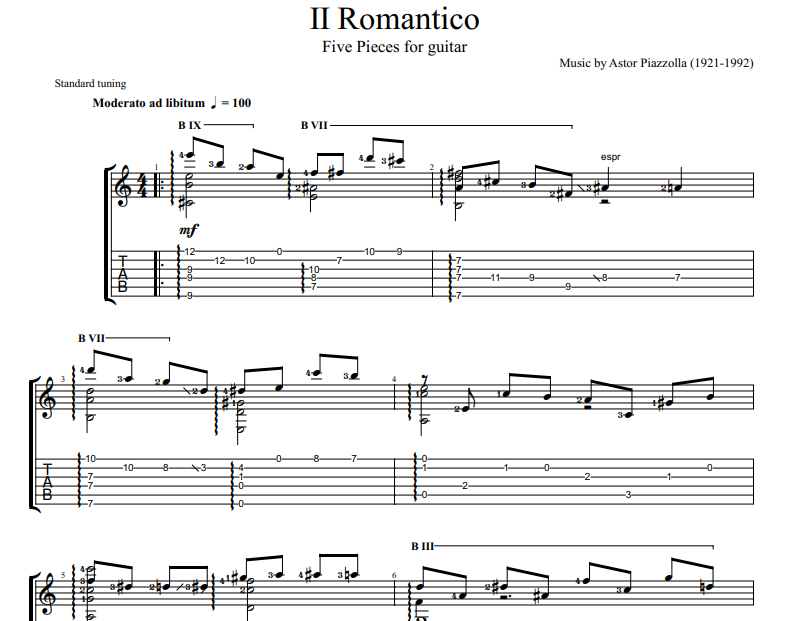Astor Piazzolla - II Romantico sheet music for guitar